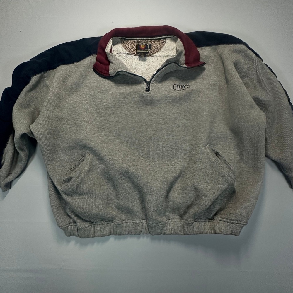 Vintage Chaps Ralph Lauren Quarter Zip Sweatshirt XL Grey Navy Colorblock Fleece